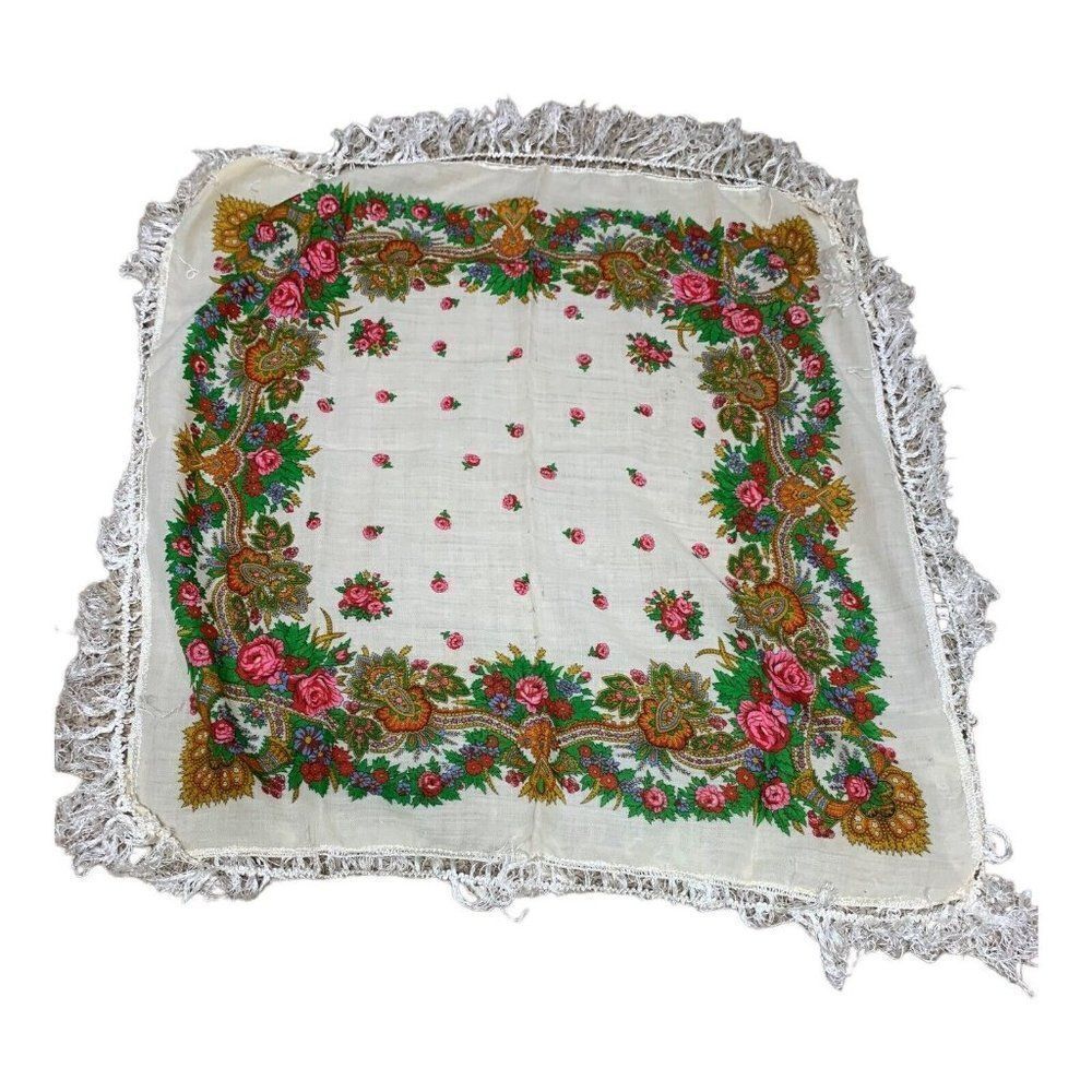 Vintage Floral Scarf With Frayed Crocheted Edges Victorian Fringe Tassel Cotton